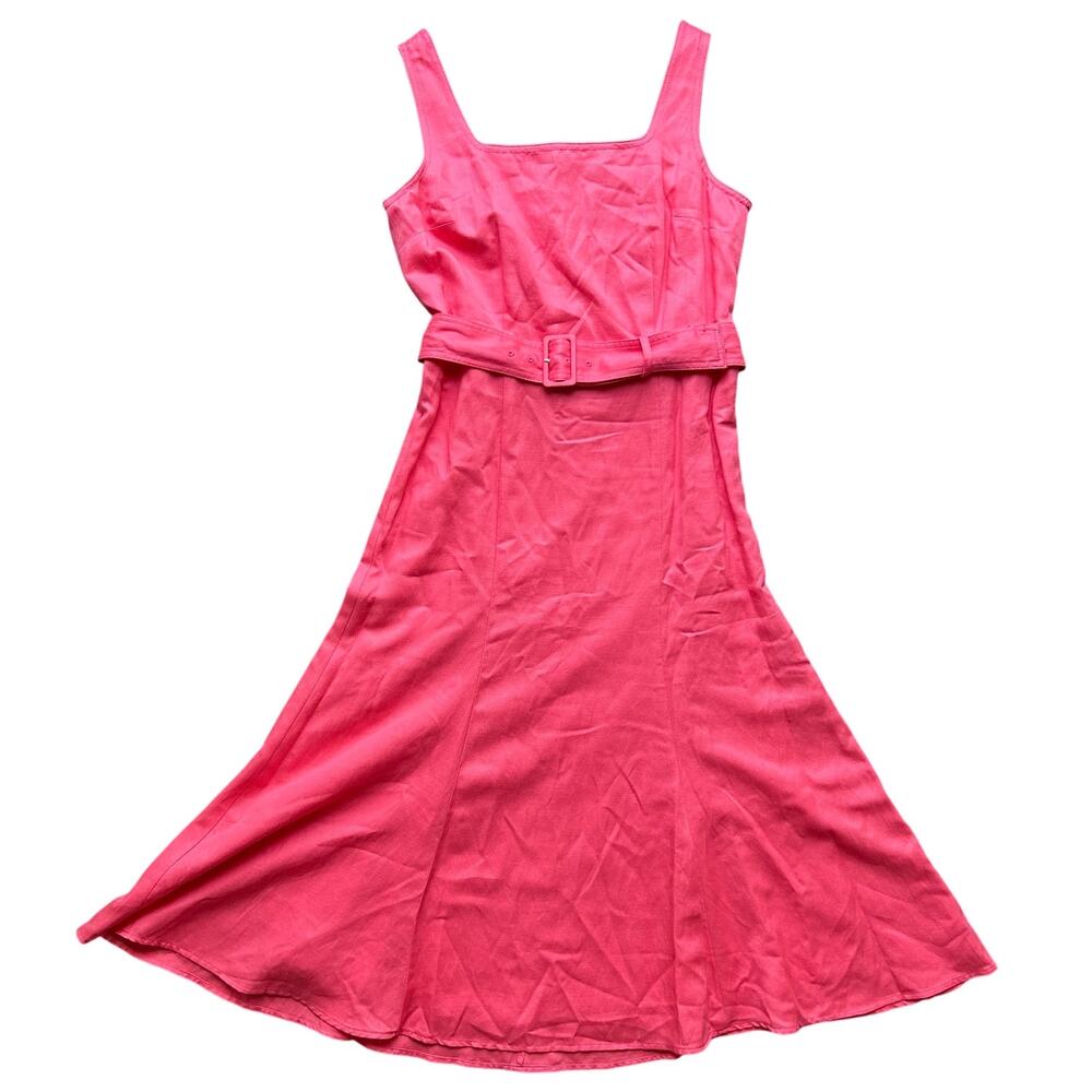 🥶 Ann Taylor Pink Belted Linen Blend Midi Dress Size 4